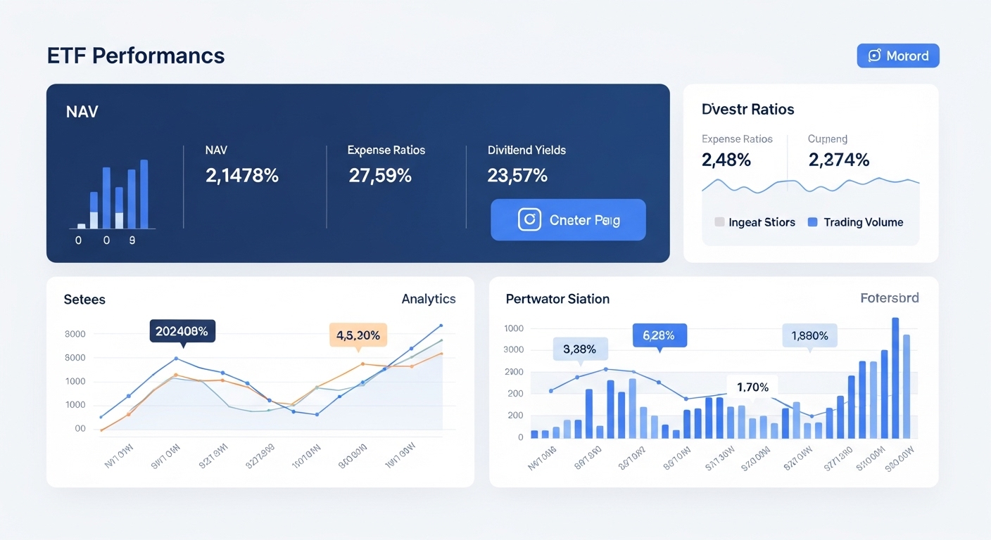 Dashboard showing ETF performance metrics including NAV, expense ratios, dividends, and trading volume for investors.