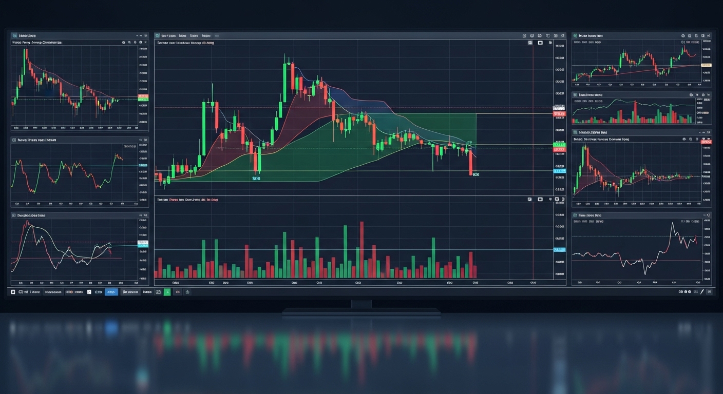 Technical Analysis Stock market dashboard displaying EMA, MACD, RSI, volume, and candlestick charts for share trading analysis