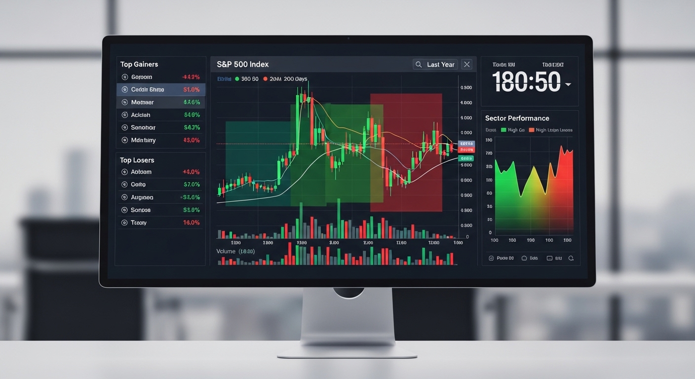 Dashboard showing S&P 500 index trends, top gainers and losers, EMA lines, and sector performance