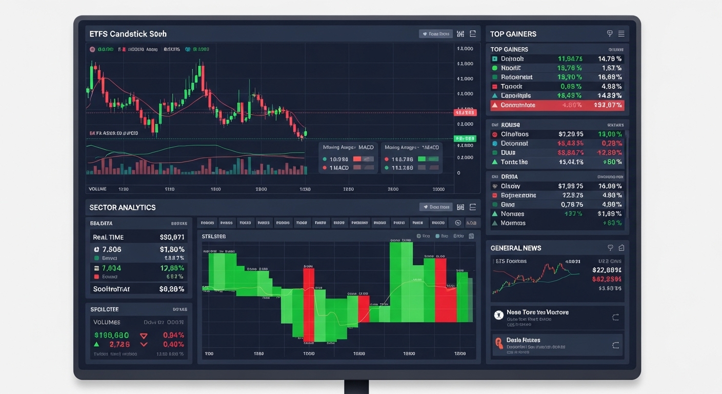 Trading dashboard showing ETFs, sector heatmaps, candlestick charts, EMA and MACD indicators, and top market movers