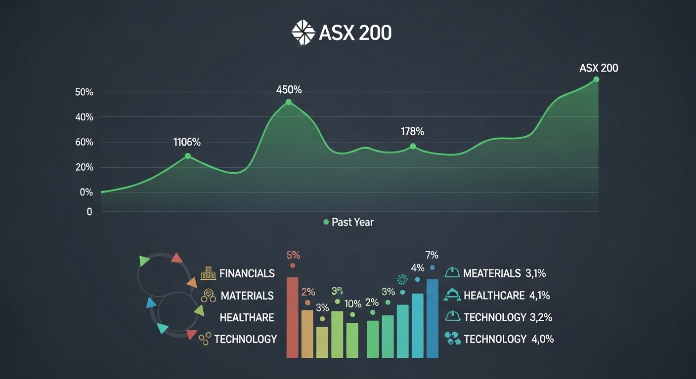 ASX 200 index chart showing Australia’s top companies and market trends.