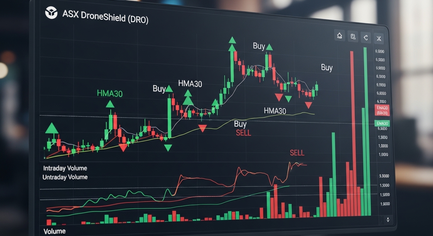DroneShield DRO chart with EMA and HMA indicators