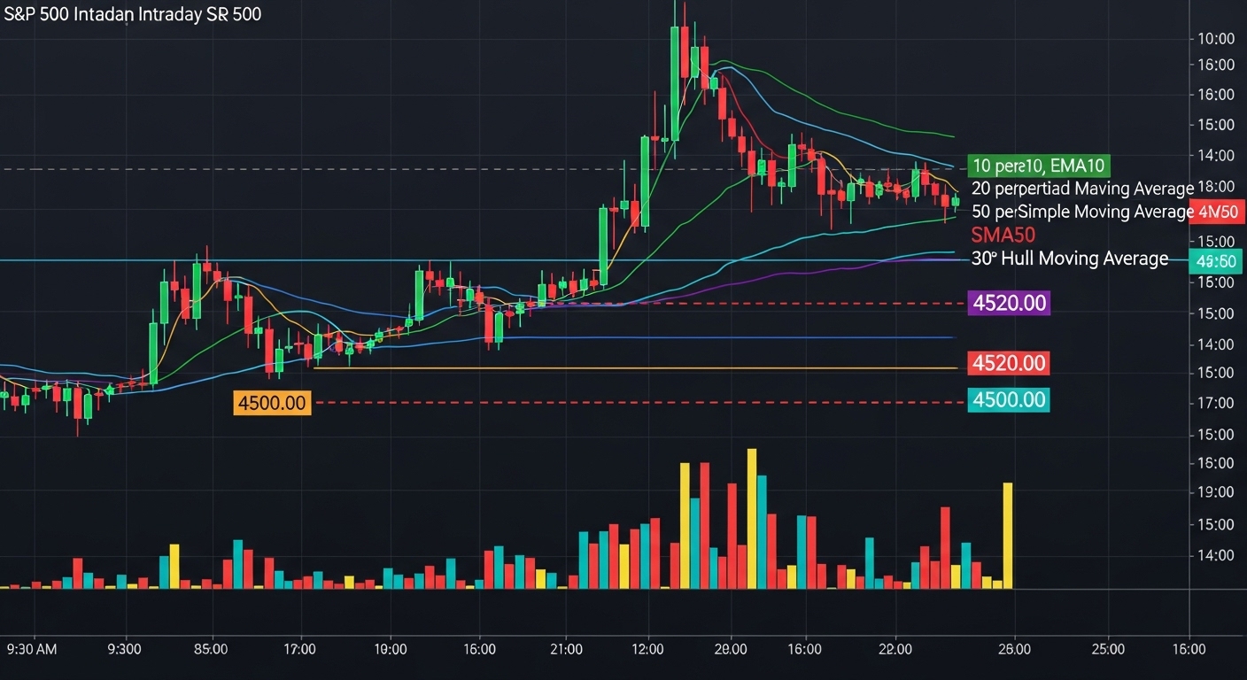 S&P 500 intraday chart with EMA and volume indicators