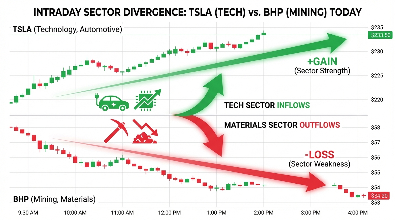 Momentum trading setups market snapshot showing today's trends across TSLA and BHP.